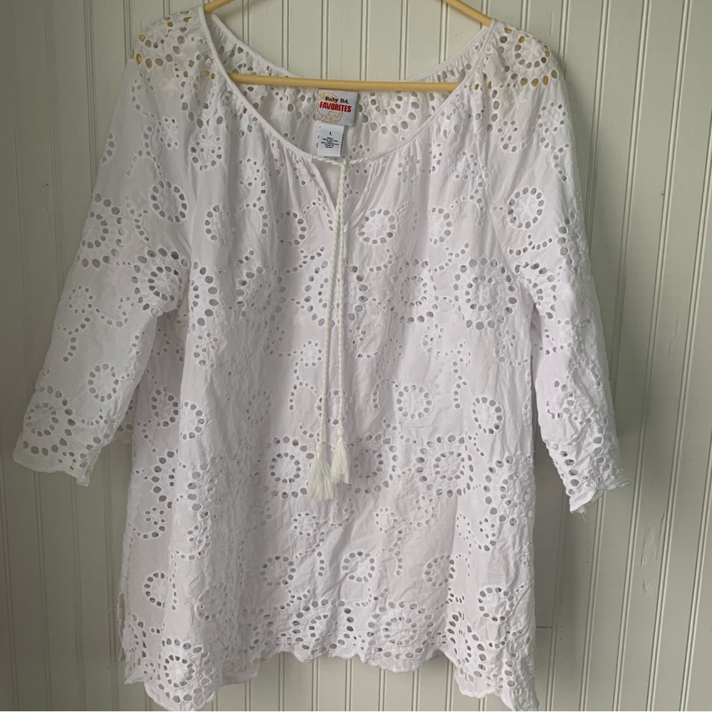 Ruby Red Favorites White Eyelet Women's Top with scalloped hem